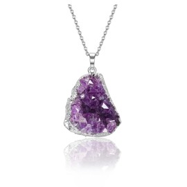 GEHECRST Women's Amethyst Druse Necklace Crystal Chain Natural Crystal Cluster Pendant with Chain Healing Stones Pendant Lucky Charm Jewellery for Women Girls, Gemstone Copper