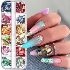 12Grids Nail Art Aurora Abalone Shell Flakes, Shiny Irregular Sea Shell 3D Charms Summer Slices Holographic Nail Art Sequins Natural Sea Shells Nail Glitters Manicure Paillette Tip Decor Accessories