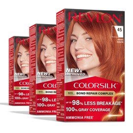 Revlon ColorSilk with Bond Repair Complex, Permanent Hair Color, 100% Gray Coverage, Ammonia Free Hair Dye, Vegan Keratin, 45 Bright Auburn (Pack of 3)