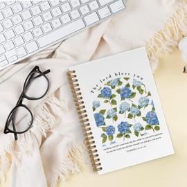 QLMX Blue Hydrangea Christian Spiral Notebook, Numbers 6:24-26 Bible Journal Notebook, Religious Prayer Notebooks for School Work, Blue Floral Church Office Supplies Gifts for Women, 5.5x8.3 Inch