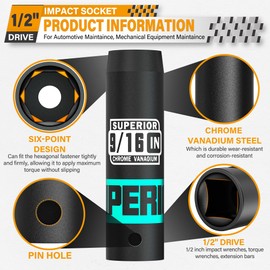Aiourx 1/2" Drive Impact Socket, 9/16 inch Deep Socket, SAE, 6 Point, CR-V, for Car Repair, Loosen The Fastening Nut