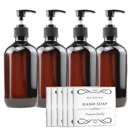 LUMEZING Kit de 4 Dispensadores de Jabon para Baño Vacías con 6 Etiquetas, Envases de Viaje Rellenables para Manos, Sin BPA, 500 ml/16,9 oz (ámbar)
