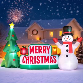 FunFanso 10 FT Long Christmas Inflatable Merry Christmas Sign Outdoor Decorations, Blow up Xmas Sign with Christmas Tree and Snowman, Built-in LED Lights for Yard Lawn Garden Holiday Party Home Porch