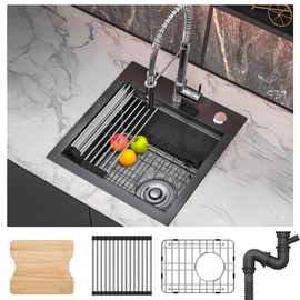 YITAHOME Black Drop In Kitche Sink Workstation, 15" Top Mount Stainless Steel Nano Gunmetal Black Small RV Sink with Cutting Board & Accessories for Workstation, Bar, 15 x 15 x 9 in