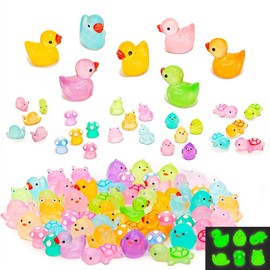 FEXIA Mini Resin Ducks 6 Combination Luminous Mini Tiny Animals Glow in The Dark Garden Dollhouse Frog Snail Turtle Mushroom Chick Mini Animals Figures to Hide Micro Landscape Aquarium Decor (100 Pcs)