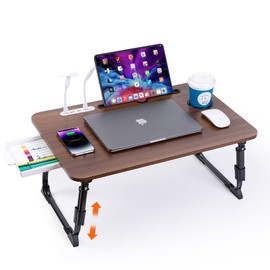 Laptop Desk for Bed Height Adjustable, Portable Laptop Bed Table with USB Storage Drawer Cup Holder, Foldable Lap Desk Breakfast Tray for Writing Reading Watching Movie Sofa Couch Floor (Dark Walnut)