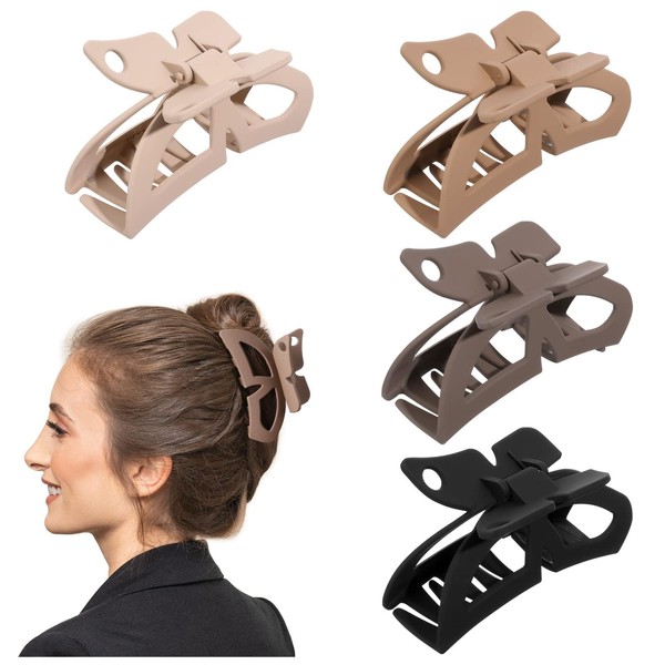 FAMIDIQGO 4 Pieces Butterfly Style Matte Hair Claw Clips for All Hair Types, Non-Slip and Strong Hold for Thick/Thin Hair (Black, Dark Coffee, Light Coffee, Beige)