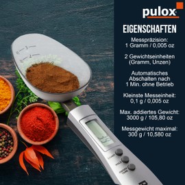 Löffelwaage PLW-100 von pulox mit drei Löffeln 25 ml, 45 ml und 180 ml von 0,1 g genau bis 300 g Tragkraft Digitale Küchenwaage, Feinwaage