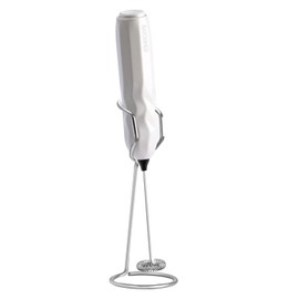 RAYONNER Milk Frother Handheld with Stand, Fast Powerful Drink Mixer with Stainless Steel Whisk for Coffee, Battery operated (White with Stand)