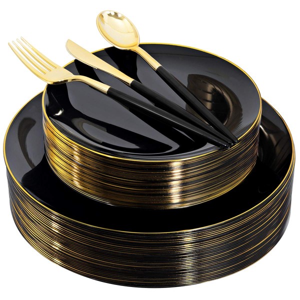 150pcs Black and Gold Dinnerware Set - Plastic Plates and Silverware for Birthdays, Parties, Weddings