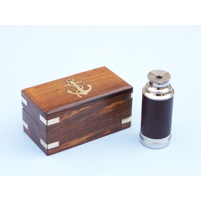 Hampton Nautical Scout's Chrome/Leather Spyglass Telescope with Black Rosewood Box,