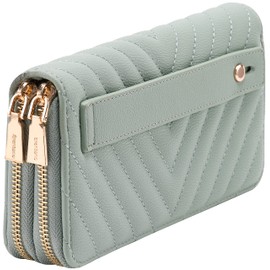 B BRENTANO Vegan Leather Double Zipper Pocket Wallet with Grip Hand Strap (Chevron Embroidered Mint)