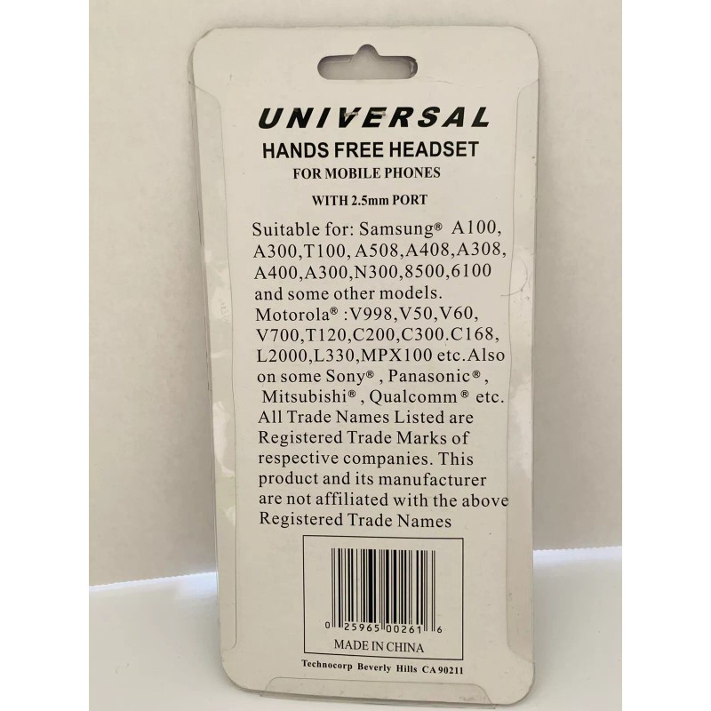 Universal Hands-Free Headset for Mobile Phones with 2.5mm Port