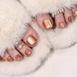 Press on Toenails Cat Eye Fake Toenails Solid Color Press on Toe Nails Amber False Toenails Glossy Acrylic Glue on Toenails Short Square Stick on Toenails Shiny Artificial Toenails for Women 24Pcs