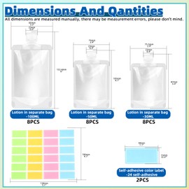Glarks 26Pcs 30/50/100ml Travel Pouches with Label Kit, Portable Travel Size Containers, Clear Plastic Stand Up Pouch, TSA Approved, Refillable Squeeze Travel bag for Toiletries, Cosmetic Lotion