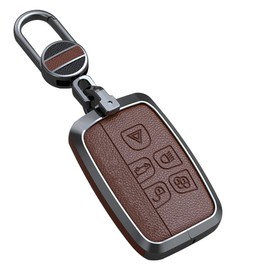 ontto Leather Key Fob Cover Keyring fit for Land Rover Discovery 4 Sport Range Rover Evoque Sport Velar Jaguar F-Pace F-Type XJ XF XE accessories Alloy Key Case shell Holder bag keychain Brown A