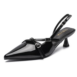 LIURUIJIA Women's Slingback Kitten Heels Pointed Toe Pumps Cross Strappy Low Heel Party Wedding Casual Dressy Shoes Black PU 38 US 7