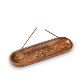 Folkulture Incense Holder or Insence Burner, Modern Incense Ash Catcher or Insense Sticks Holder for Home Décor, Fire Resistant, Wooden Incense Tray for Sticks, Mango Wood, Tulip