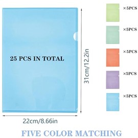 Paquete de 25 carpetas de plástico transparente tipo L, tamaño carta, tamaño A4, bolsillos para proyectos para oficina escolar, 5 colores