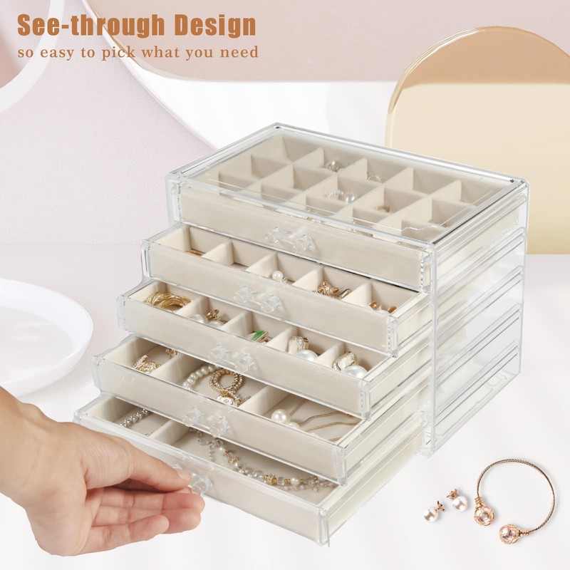 5 Drawers Clear Jewelry Box for Women and Girls, Acrylic