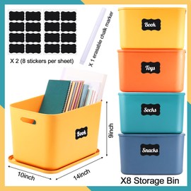 Tanlade 8 Pcs Plastic Storage Bins Stackable Baskets with Lid and Handle Colorful Desktop Storage Box Cubby Containers for Shelf Bedroom Office, Include 1 Erasable Marker, 16 Stickers (14 x 10 x 9 In)