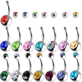 Amaza 20pcs Piercing Belly Button Piercing Crystal Balls 14 Gauge (1.6 mm x 11 mm), Stainless Steel, multicoloured
