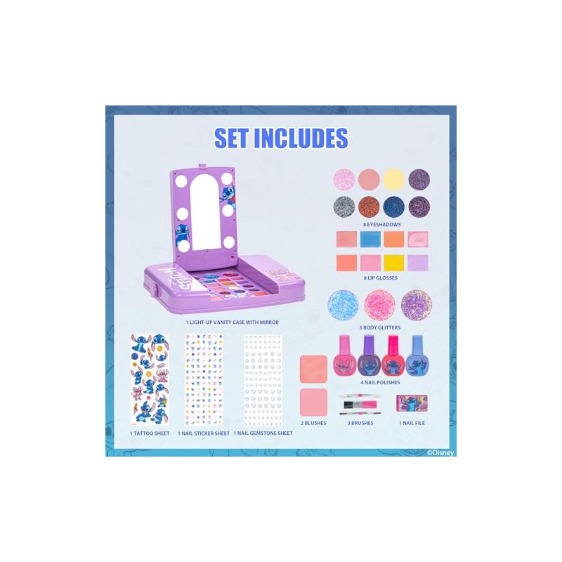 Stitch Set de Maquillaje con Espejo Luminoso Gloss y Esmalte