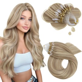 Moresoo Micro Link Hair Extensions Human Hair Honey Blonde Highlight with Ash Blonde Micro Ring Hair Extensions Real Human Hair for Wedding 50G 50S 20 Inch