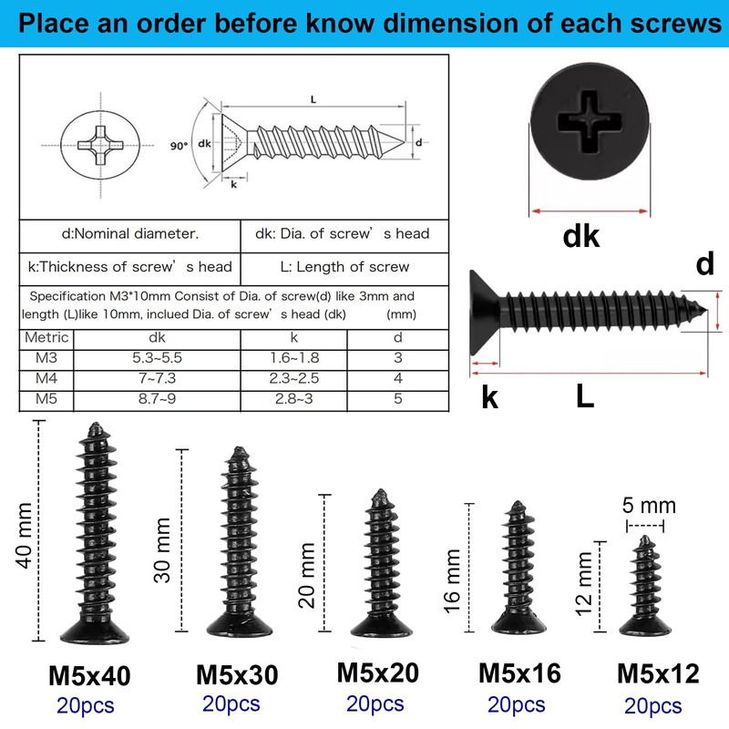 FandWay Phillips Flat Head Self-Tapping Screws, Black Carbon Steel Countersunk