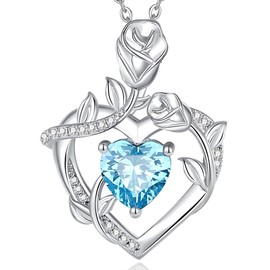 AGVANA March Birthstone Jewelry Aquamarine Necklace for Women Sterling Silver Rose Flower Heart Pendant Necklace Anniversary Birthday Gifts for Women Mom Wife Her