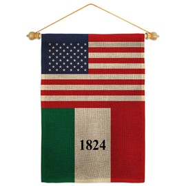 Historic US Alamo Burlap Garden Flag Set Wood Dowel Patriotic July Memorial Veteran Independence United State American Small Decorative Gift Yard House Banner Double-Sided Made in USA 13 X 18.5