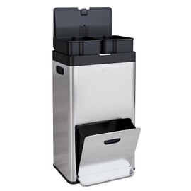 ExploreHorizon 14.8 Gal/56L Kitchen Trash Can, 3 Compartments Stainless Steel Pedal Recycling Bin with Removable Buckets, Button-Open Lid & Wheels, Classified Garbage Bin for Home