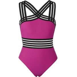 Hilor Traje de baño de una pieza para mujer con parte delantera cruzada, trajes de baño huecos, monokinis, Rojo rosa, 14