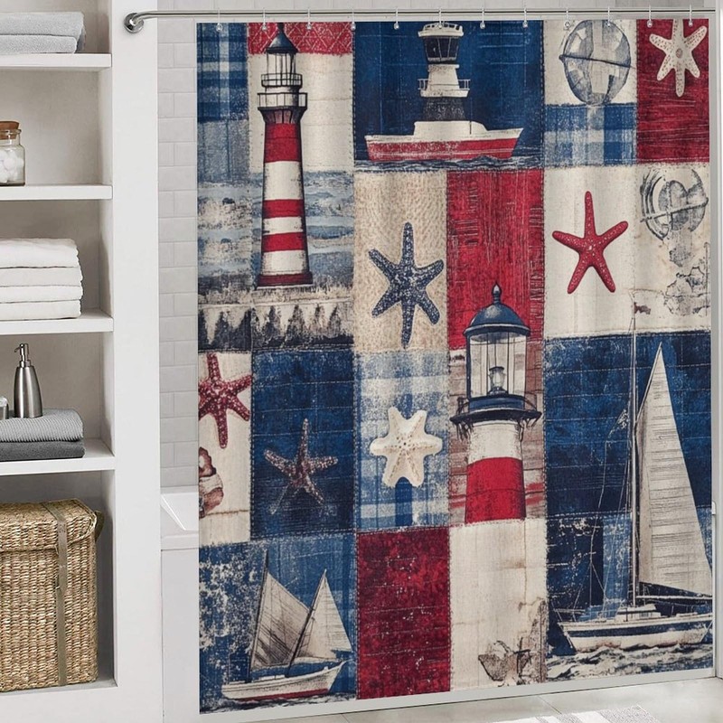 HDESDIS 4Pcs Abstract Sea Lighthouse Shower Curtain Sets with Rugs,
