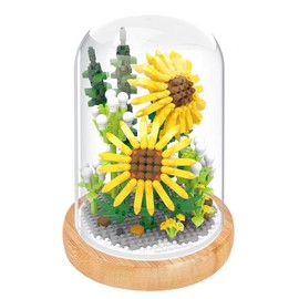Wise Hawk Miniature Flower Building Blocks with Wooden Stand and Dome Cover Sunflower