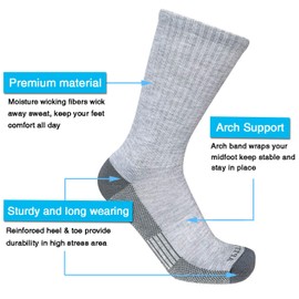 APTYID Men's Moisture Control Cushioned Crew Work Boot Socks, Grey, Sock Size 10-13, 6 Pairs