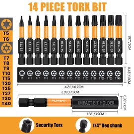 MulWark 2" Torx Bits 14pcs T5-TT40 Torx Socket Set - S2 Steel Security Torx Bit Set with Magnetic Bit Holder