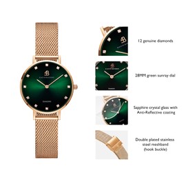 BLACK BY BLUE BRAVE Womens Watch Trendy Green Watches for Women 12 Genuine Diamond Watch Markers 28 mm Watches for Women Green Sunray Dial with Rose Gold Mesh Band Womens