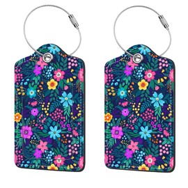 2 Pcs Luggage Tags for Suitcase, Cute Unique PU Leather Travel Bag Tag with Privacy Cover ID Label Address Card and Durable Metal Ring Suitable for Men Women Children Backpack,Purple Flowers