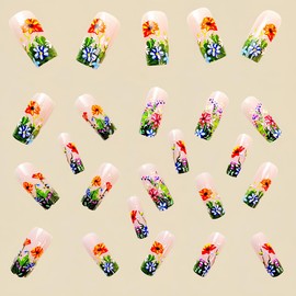 24 Pc Pink Press on Nails Medium Square - ZIFANHU Spring Fake Nails Press ons Nail Tips Full Cover False Nails with Small Flower Design Glue on Nails Acrylic Nail Kit Art for Women Manicure