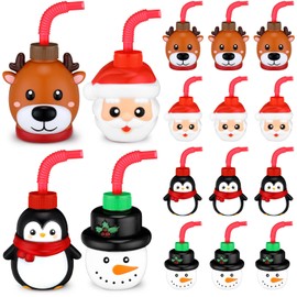 Sliner 12 Pcs Christmas Party Favor Cups with Straws, Kids Plastic Tumbler Sipper Cups Drinking Cup Gift for Boys Girls Women Men Xmas Theme Party Birthday(Multi Styles)