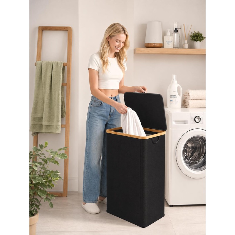 IEGrow Laundry Hamper with Lid, 110L Laundry Basket with Bag,Black