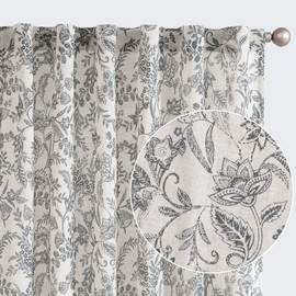 Lazzzy Linen Curtains Farmhouse Black Floral Print Curtains 63 Inches Long Back Tab Drapes for Living Room Bedroom Semi Sheer Patterned Country Vintage Curtains 2 Panels Set Rod Pocket Black on Beige