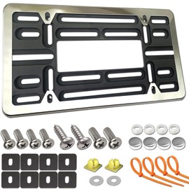 FBJTDQ Front License Plate Mounting Kit- Stainless Steel License Plate Frame and Universal Bracket for No Drilling Hole Front Bumper, Car Tag Cover Adapter with Screws, Chrome Caps, Rattle Proof Pads
