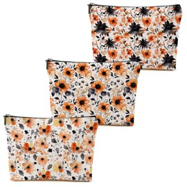 3 PCs Watercolor Flowers Makeup Bag, Floral Orange Cosmetic Bag, Friendship Gifts for Women Best Friend Daughter Sisters Christmas Birthday Gifts Toiletry Bag