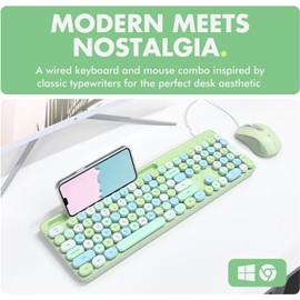 X9 Wired Retro Keyboard and Mouse Combo - Backlit Typewriter Keyboard with Round Keycaps, 109 Silent Keys Fullsize Cute Keyboard with Phone/Tablet Dock, Aesthetic and Pastel Colorful Keyboard - Green