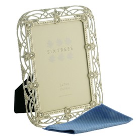 Sixtrees Alice Antique Vintage Shabby Chic Style silver metal photo frames with beads and crystals for a 7" x 5" picture - Includes our microfibre polishing cloth.