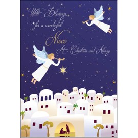 doodlecards Niece Christmas Card Nativity Scene Angels Bethlehem Medium Size Christmas Card for Niece with Plain Envelope
