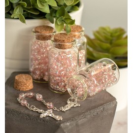 Baptism Favor (12PCS) Holy Communion Rosary in Glass Bottle Jar Recuerdos De Bautizo Quinceanera Clear Pink Pearl Christening Recuerdos para Primera Comunion Niño Quinceanera/Gift for Guests