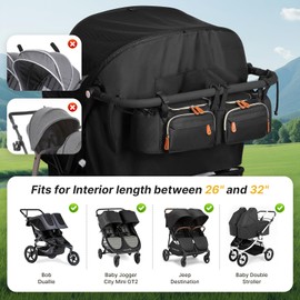 Boomistry Double Stroller Organizer for Bob Duallie and Baby Jogger City Mini GT2, Double Stroller Caddy Organizers with Cup Holder and 2 Cooler Pockets Double Stroller Accessories（Black）